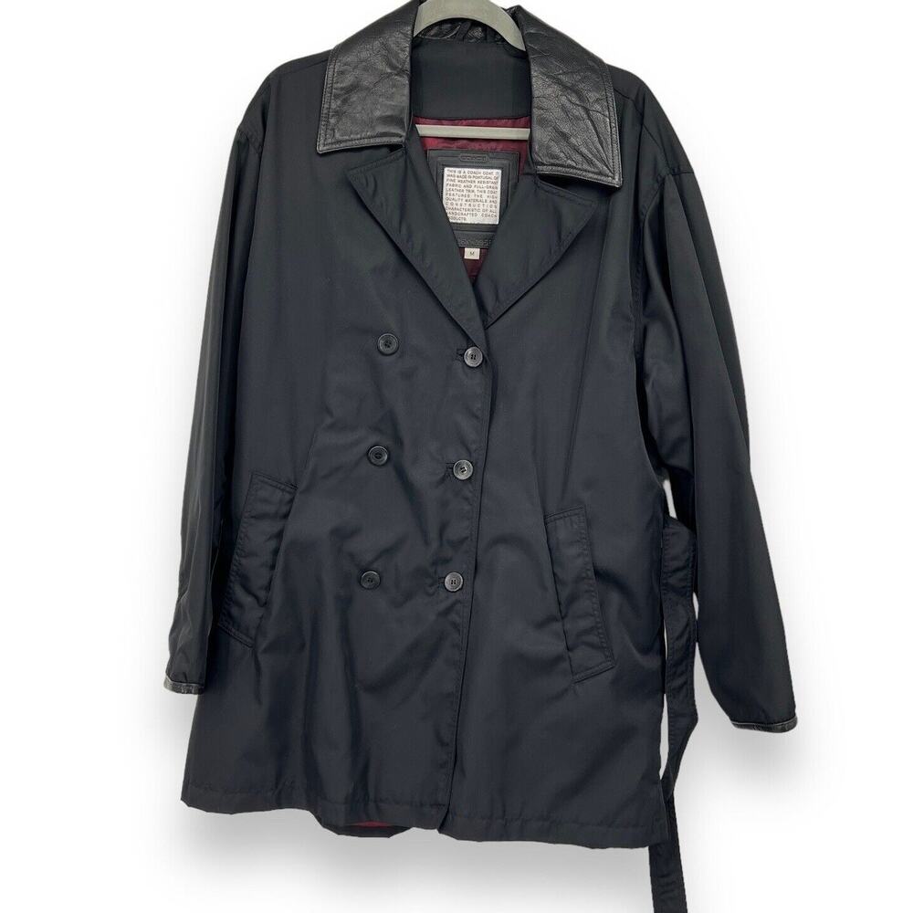 Coach Double Breasted‎ Nylon Black Rain Coat With Soft Leather Collar Womens M
